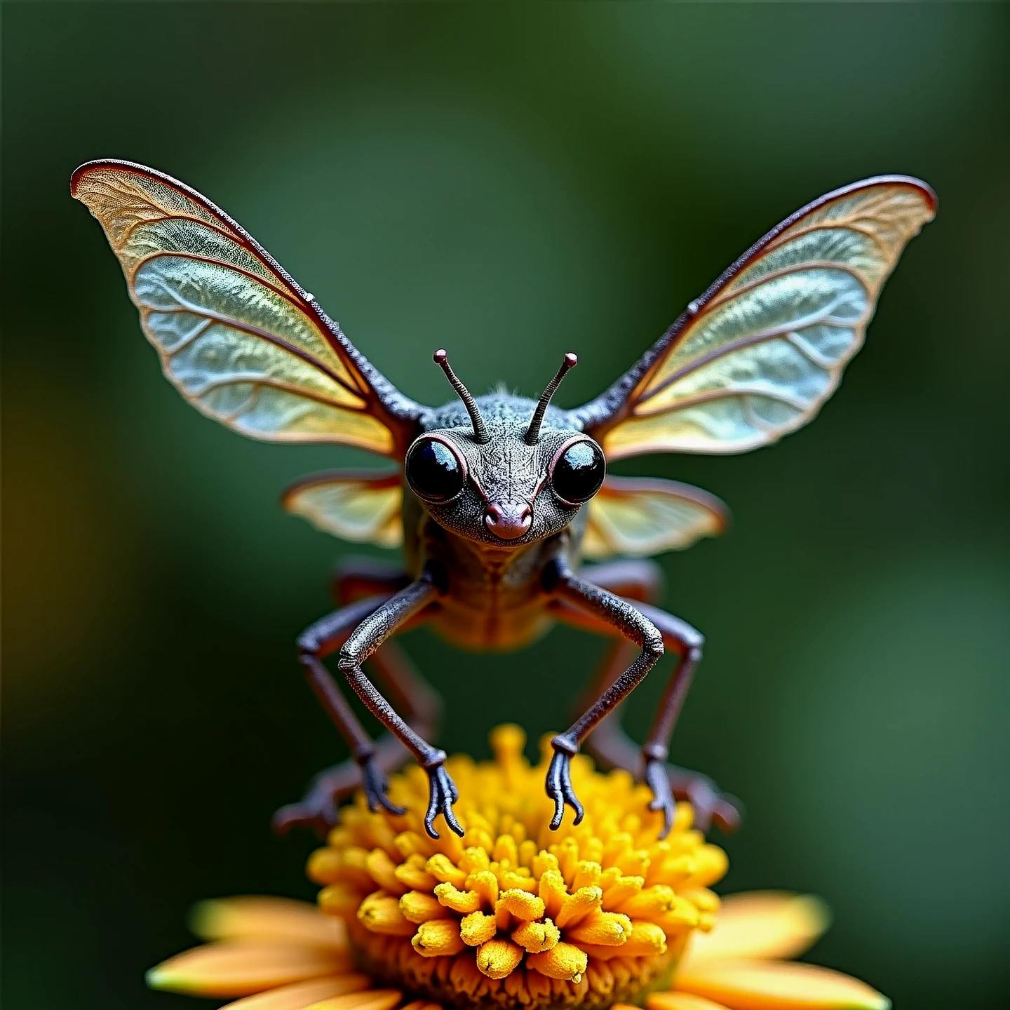 Closeup of a beetle creature, hovering in the air above a flower. Side view. Large iridescent wings with fractal patterns.

gldrcrtrCE style