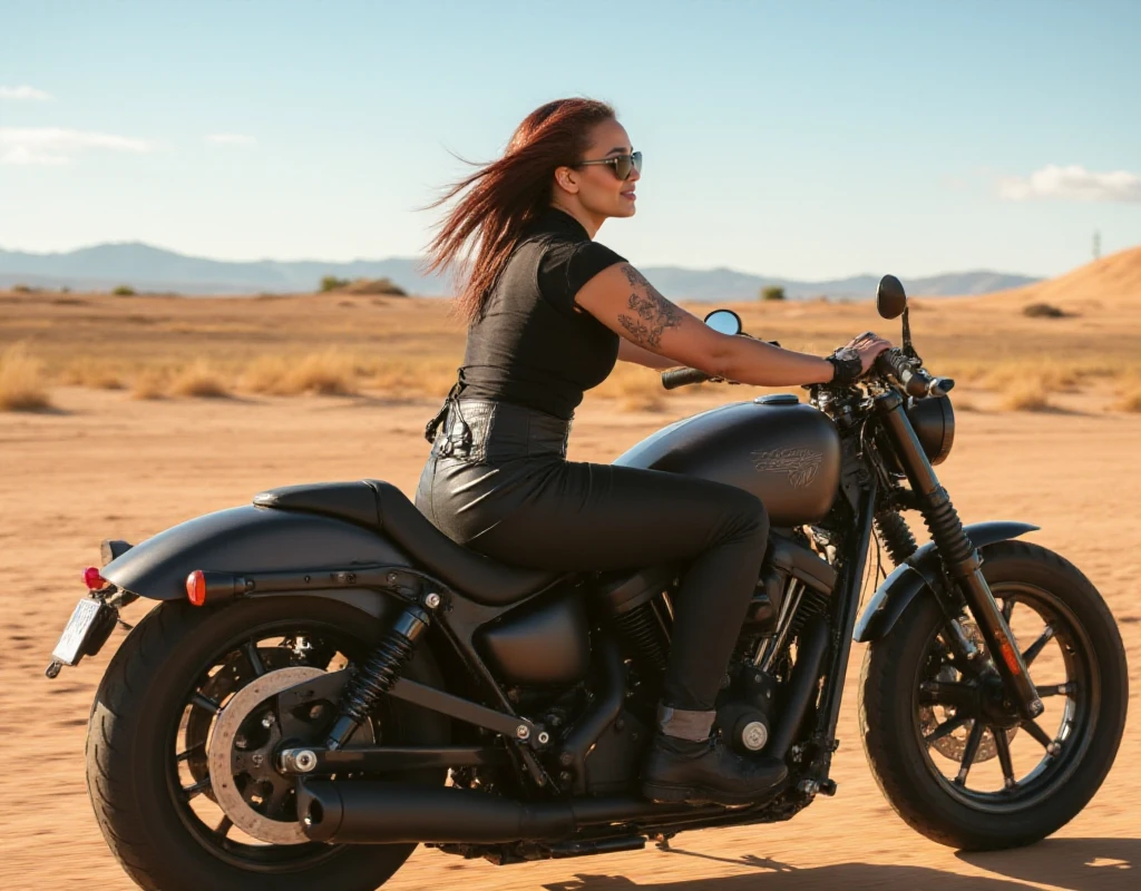 Melissa Bonny, arm tattoo, is driving a sport motorbike in the desert. She is dressed in a steampunk way with a turtleneck shirt and pants<lora:Melissa_Bonny:0.9>