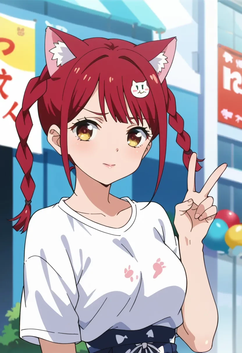 score_9, score_8_up, score_7_up, score_6_up,
source_anime, masterpiece, anime screencap,

Tokonome Mamori, source_anime, 1girl, solo, bangs, cat hair ornament, brown eyes, braid, red hair, twin braids

v, hand sign