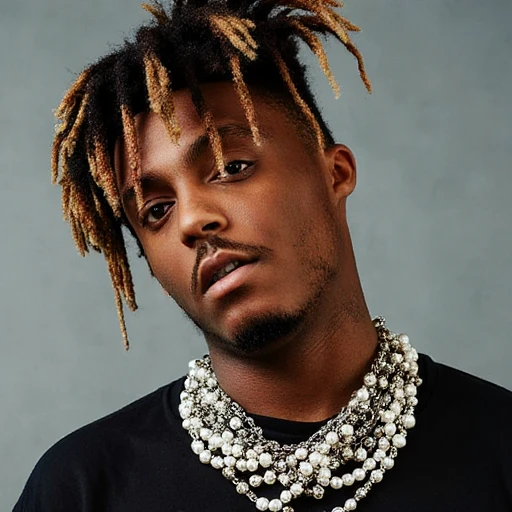 which casts a slight shadow over his forehead. His expression is contemplative, giving it a striking, thin cord, This image is a photograph featuring juicewrld with a medium-dark complexion and a slim physique. He has short, contemplative expression, he has multiple layers of pearl necklaces, with a mix of dark and light hues. The dreadlocks are tied at the top with a small