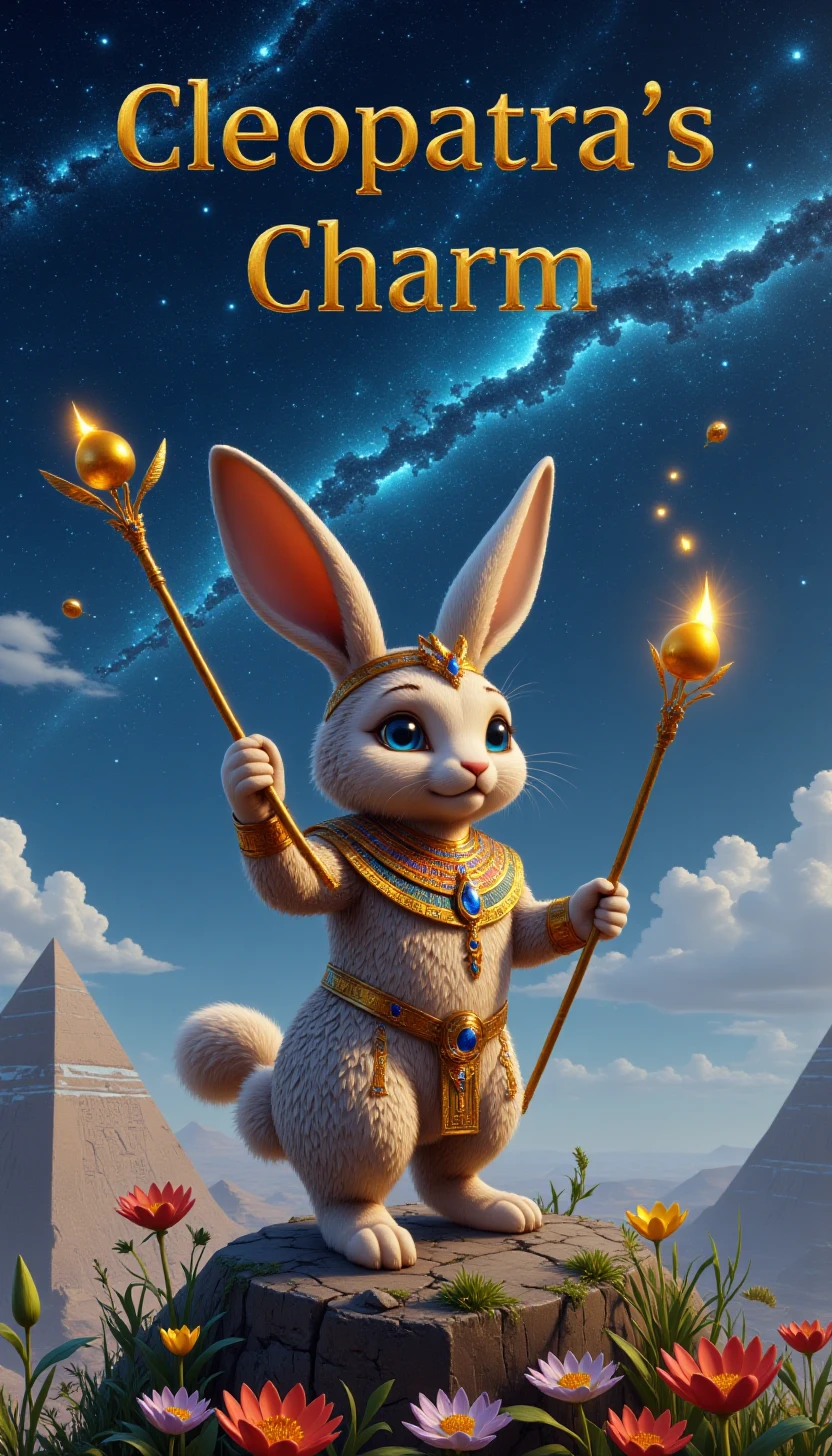 p1nk3gyptstyl3, egyptian,  text: ("Cleopatra's Charm":1.1),A cute rabbit wearing egyptyian clothes and holding a staff, standing on top of a mountain casting a spell, text: "Cleopatra's Charm" on the starry sky