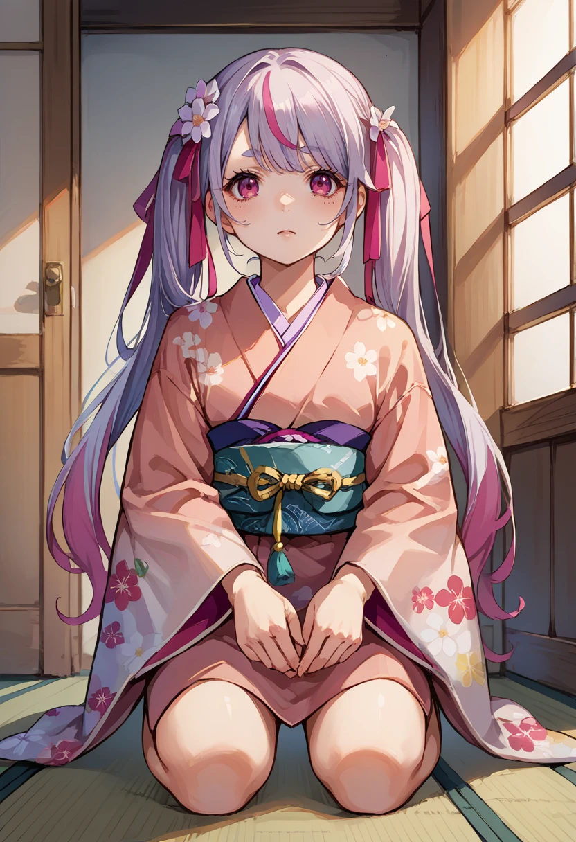 score_9, score_8_up, source_anime, 1girl, solo, TosakiMimi, pink eyes, multicolored hair, long hair, low twintails, hair ribbon, indoors, kimono, hair flower, floral print, wariza, kneeling, <lora:ChamTosakiMimiPonyXL:1>