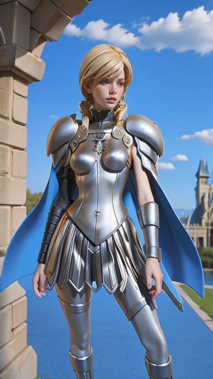 close-up, a woman as a Knight, action figure style, ((in front of a magnificent castle)), professional photograph, masterpiece, best quality, 8K, 16K, UHD, photorealistic, solo