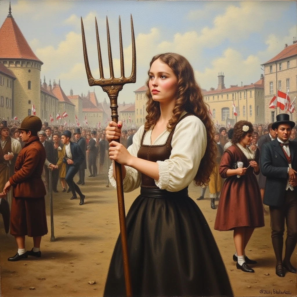 (Beautiful impressionistic oil painting) of a woman in the 1870s in france during the french revolution holding a three-pronged simple pitchfork and leading a rabble of shouting people to the bastille. She is clothed in french peasant clothing of the early 19th century and has a determined look on her face. , <lora:Lilly_Rose_Depp_FLUX_v1-000040:1>