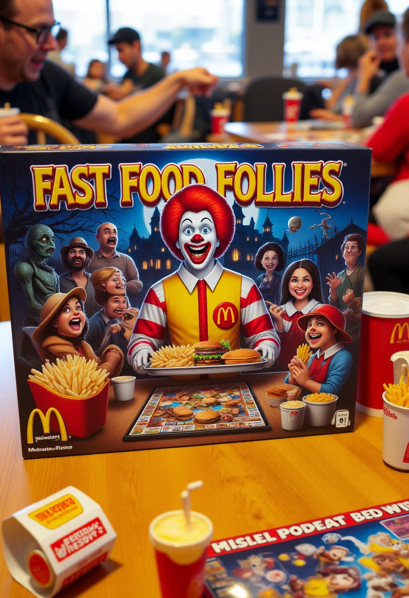 The image is a photograph of the box for the board game "Fast Food Follies" featuring a vibrant, colorful design. The box is rectangular and prominently displays the McDonald's golden arches logo on the lower left side. The top part of the box showcases a whimsical scene with several characters dressed in McDonald's employee uniforms, including red and white striped aprons and hats, and colorful aprons. The main character in the center is a scary clown with bright red hair, a white face, and a wide smile, dressed in a yellow vest and white shirt, holding a tray of food. The background depicts a lively, cartoonish setting with a spooky, Halloween-themed graveyard at night, with a spooky mansion that appears to be on fire in the background, illuminated by a full moon. Various McDonald's food items, such as fries, burgers, and drinks, are scattered around the characters. The board game is sitting on a table at a fast food restaurant, surrounded by fast food mascots.
<lora:Board_Game_Boxing_FLUX:0.9>