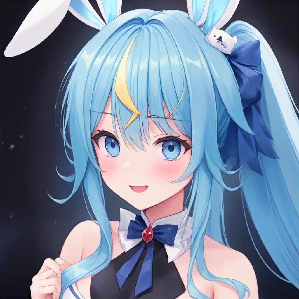 clara, blue eyes, blue hair, bangs, blush, multicolored hair, lightning bolt, long hair, solo, open mouth, virtual youtuber, anime drawing, playboy bunny, leotard, pantyhose,
 <lora:CLARA-XL-t6:0.6>