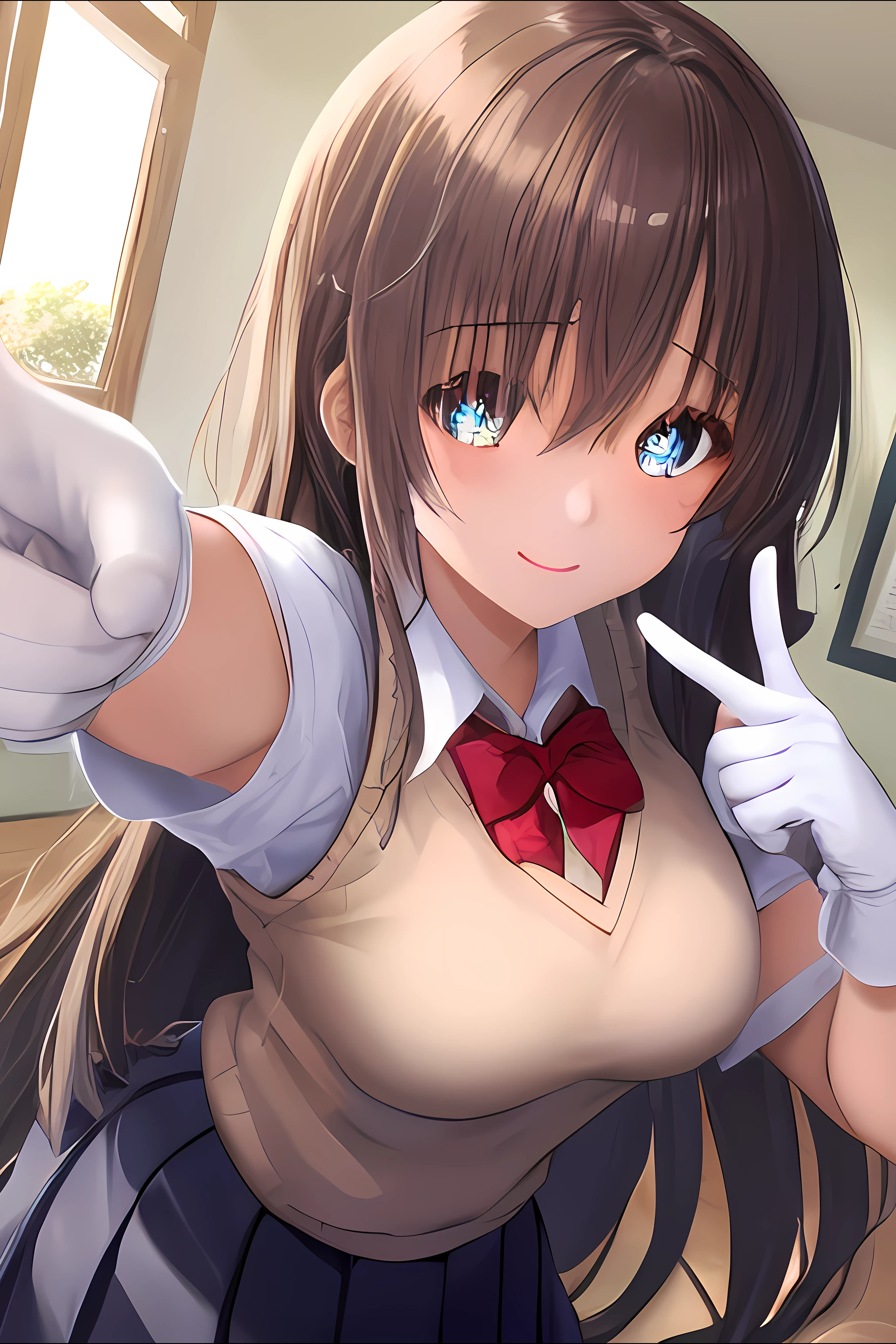 (masterpiece), high quality, intricate detail, extremely detail, 1girl, long hair, symbol-shaped pupils, school uniform, sweater vest, short sleeves, white gloves, elbow gloves, pleated skirt, confident, lightly smile, pointing forward, finger gun, beautiful hands, beautiful fingers,  <lora:gotou_hitori:1> <lora:pointing_-_finger_gun:0.7