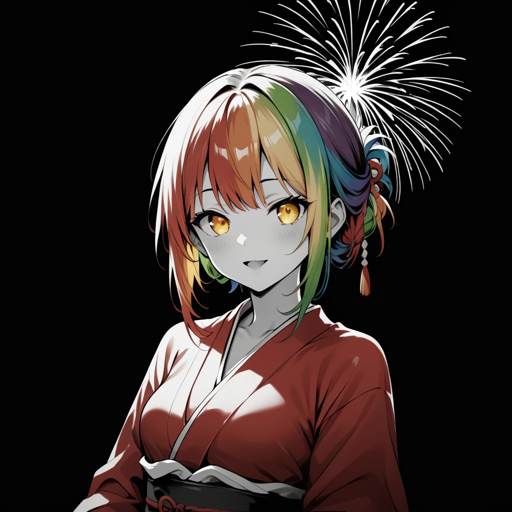 embedding :zPDXL3 (zPDXL3), score_9, score_8_up, score_7_up, black background, grayscale, monochrome, rainbow hair, yellow eyes, red kimono, selective_coloring, fireworks