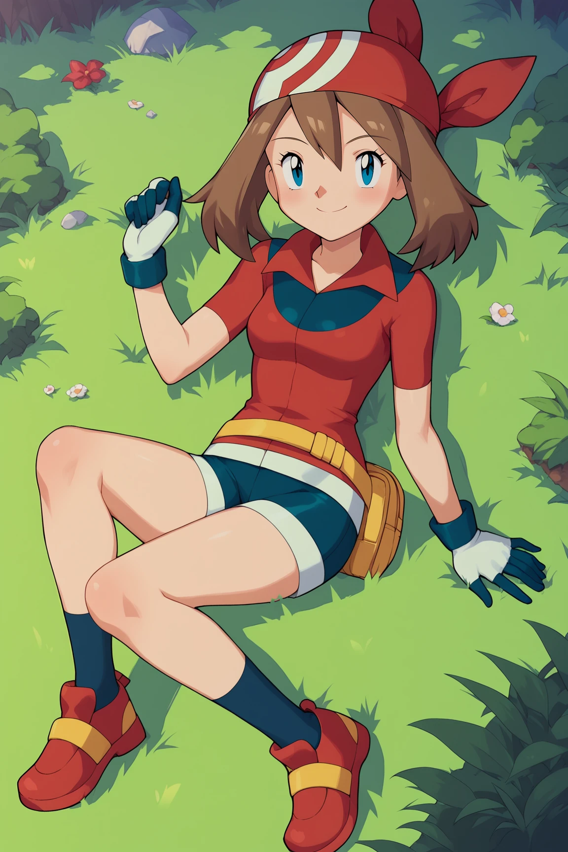 score_9, score_8_up, score_7_up, score_6_up, BREAK, MayPXL, blue eyes, brown hair, short hair, hair between eyes, red bandana, small breasts, red shirt, short sleeves, gloves, white skirt, blue shorts, blue socks, red shoes, solo, full body, lying on grass, seductive smile, looking at viewer, forest <lora:MayPXL:1>