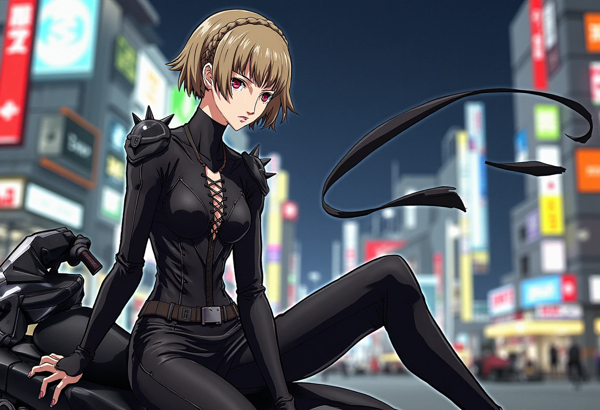 <lora:persona5_niijima_makoto_flux_v1_2-000005:1>, niijima_makoto
 She is wearing a sleek, black outfit with a tactical, combat-ready design. The figure is dressed in a form-fitting bodysuit that features a lace-up, corset-like torso armor, complemented by shoulder spikes that add an aggressive, edgy look. A flowing black ribbon or strap extends from her neck, adding a sense of motion and dynamic energy to the image. She is sitting on a motorcycle, with Tokyo night scape in the background.
Anime style, sharp, high contrast and highly detailed. Ghibli anime style. Perfect anatomy. Perfect body ratio. No oversized head. No blurry, out of focus pictures. No simple background, no single color background.