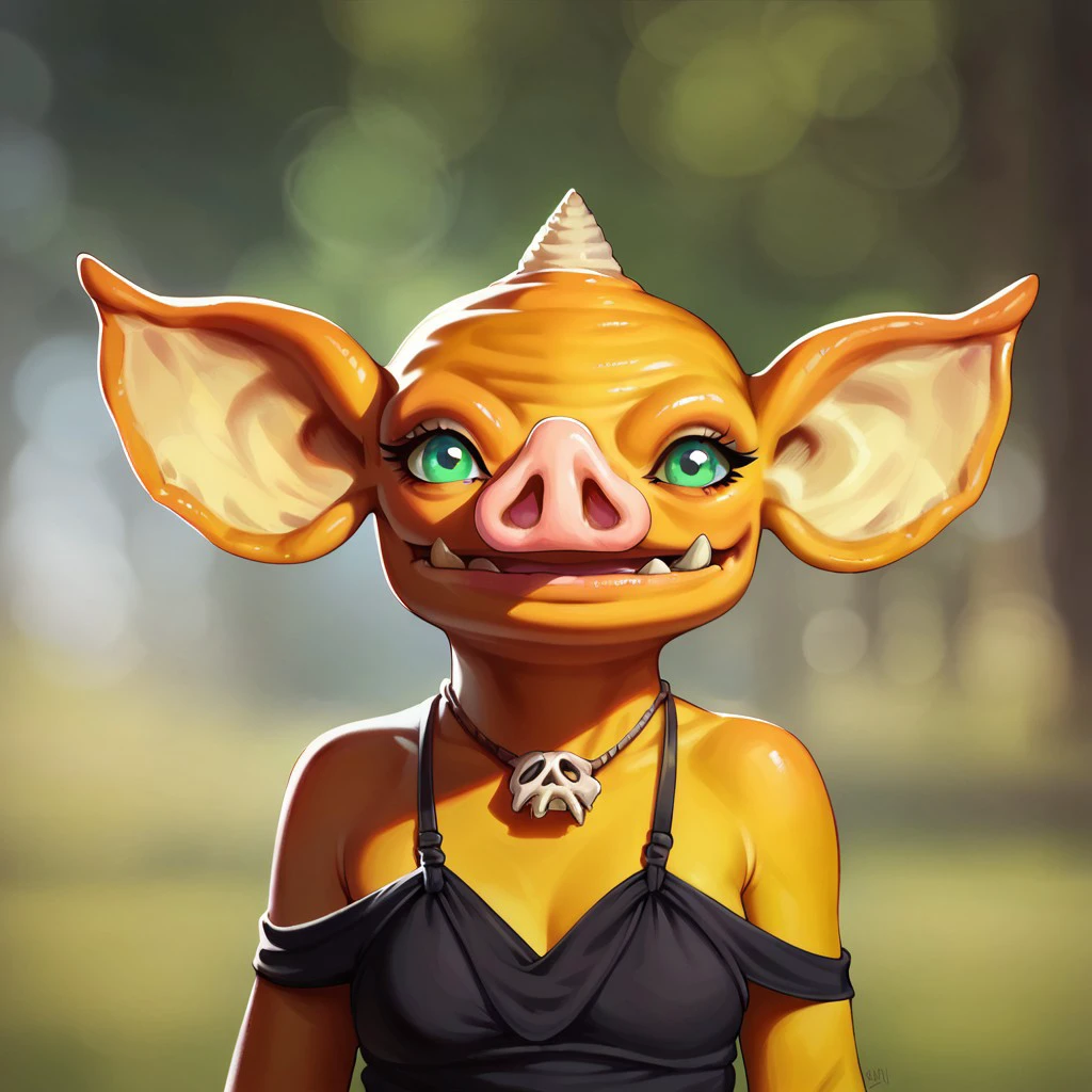 (((detailed, beautiful, high quality))), score_9, score_8_up, score_7_up, upper body,
bokoblin, big ears, big eyes, horn,
1girl, green eyes, yellow skin, black dress,
rustic background, looking at the viewer, posing, blurred background,