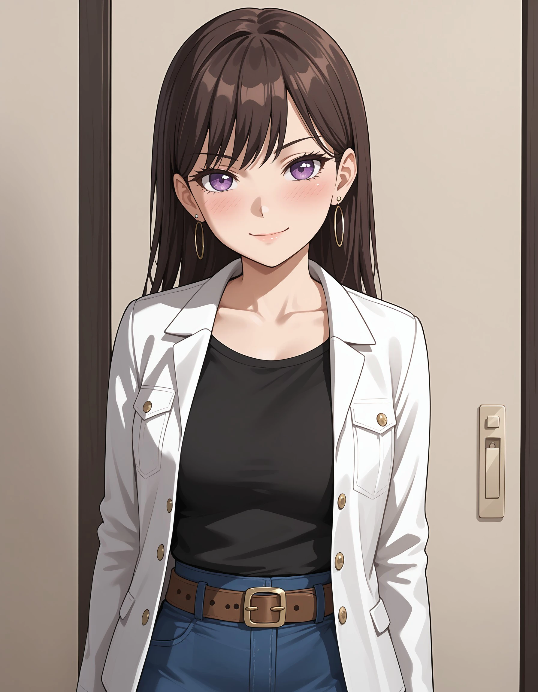 (masterpiece), best quality, expressive eyes, perfect face, takishiina, looking at viewer, purple eyes, black hair, brown hair, blush, skirt,  shirt, long sleeves, jewelry, closed mouth, standing, collarbone, jacket, cowboy shot, earrings, open clothes, belt, open jacket, blue skirt, black shirt, white jacket, denim, pencil skirt, pocket, brown belt, denim skirt, upper body, light smile, <lora:44489a80-8c72-4cfb-8842-af6ef3db9f5e:0.7>