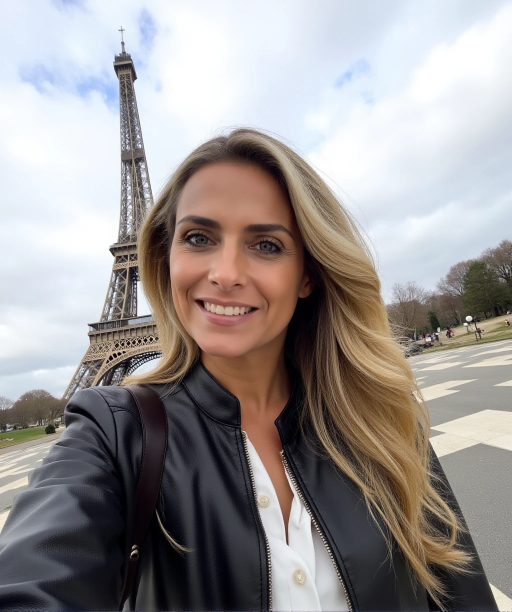 gopro hero selfie view of Clara Morgane in front of the eiffel tower. smile. she wears a leather jacket and a white button down shirt and jeans  <lora:Clara_Morgane:0.9>