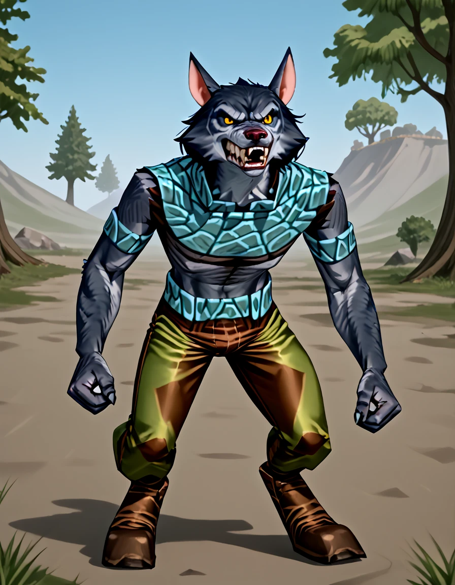 <lora:Blackburrow_Gnoll_-_Everquest_-_1999:0.75> Blackburrow_gnoll, yellow eyes, pointy ears, hunched over, snarling, angry, showing teeth, fists, sharp teeth, long snout, dark gray fur, tattered clothes, patchwork_chest_armor, arm bands, tattered dark green and brown pants, tattered black boots, idle, standing still,, source_cartoon, score_9, score_8_up, score_7_up,