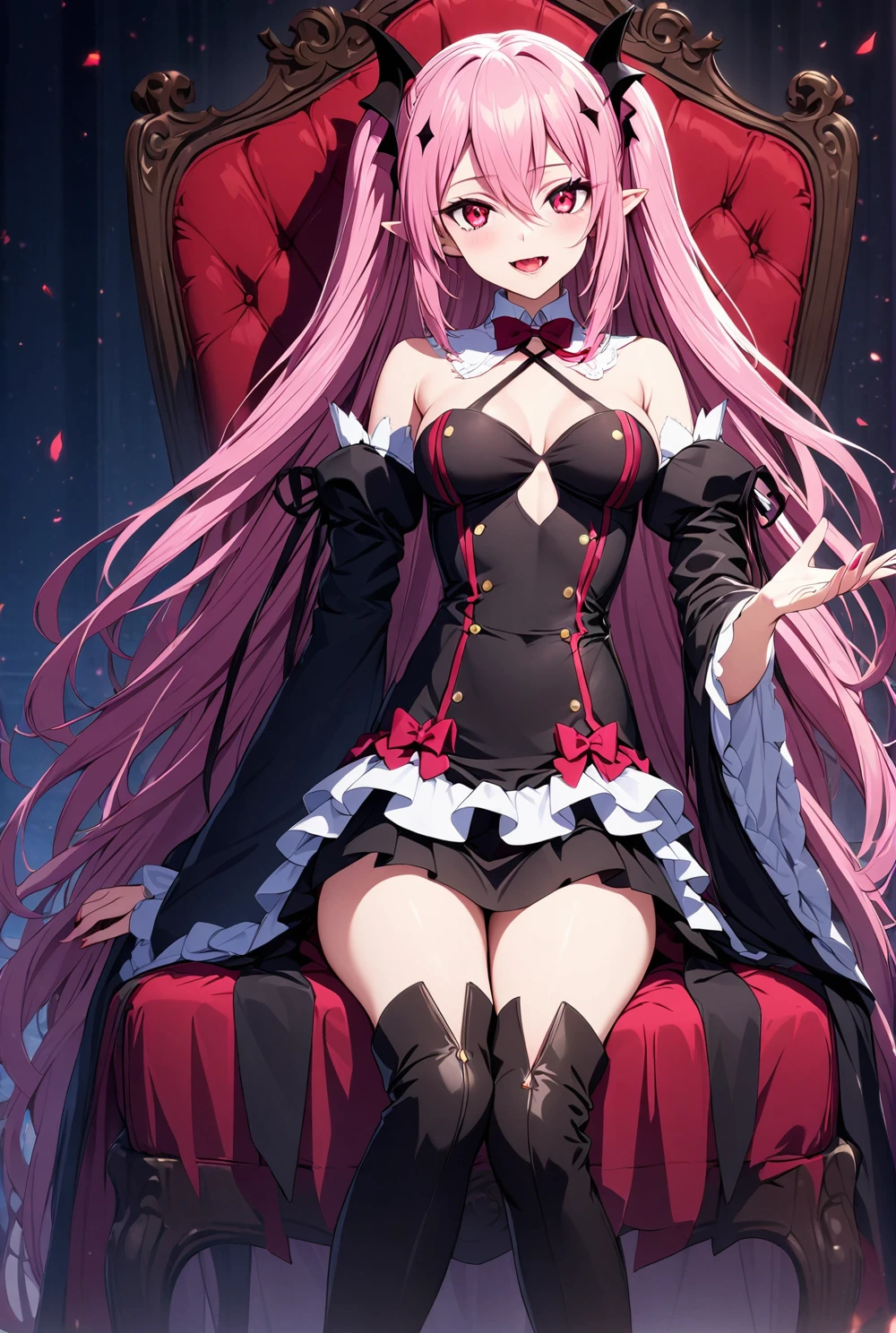 <lora:krul_tepes_XL-000007:1> krul_tepes, 1girl, long hair, pink hair, solo, detached sleeves, pointy ears, dress, red eyes, thighhighs, boots, very long hair, black dress, smile, breasts, looking at viewer, thigh boots, black footwear, sitting, vampire, open mouth, hair between eyes, pink eyes, ,best quality ,masterpiece, illustration, an extremely delicate and beautiful, extremely detailed ,CG ,unity ,8k wallpaper, Amazing, finely detail, masterpiece,best quality,official art,extremely detailed CG unity 8k wallpaper,absurdres, incredibly absurdres, huge filesize , ultra-detailed, highres, extremely detailed,beautiful detailed girl, extremely detailed eyes and face, beautiful detailed eyes,light on face,1girl