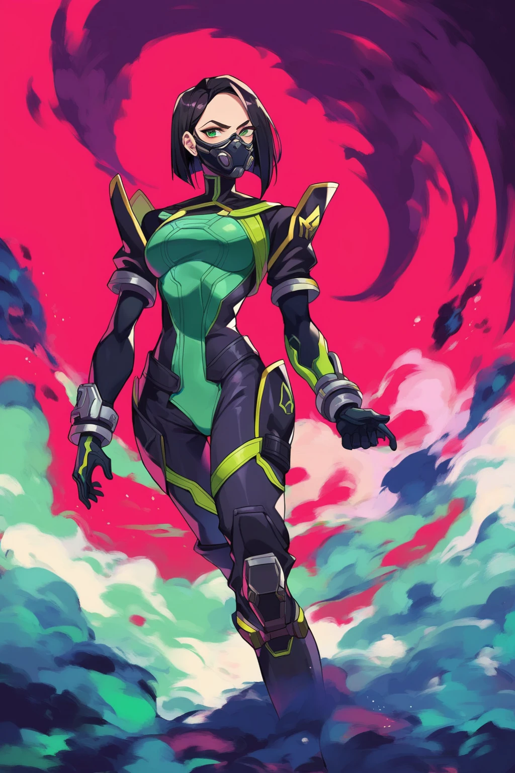 score_9, score_8_up, score_7_up, score_6_up, score_5_up, score_4_up, masterpiece, high quality, BREAK, full body, 1girl,  BREAK,  <lora:Viper_Valorant:0.8> Viper_Valorant, black hair, green eyes, green bodysuit, bob haircut, face mask, filtration mask, black mask, black shoulder plates, long black boots,