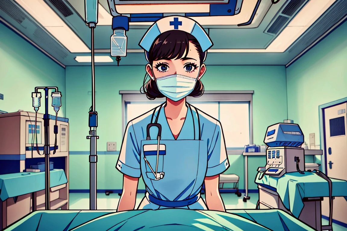 (RAW photo, centered, indoor, best quality),
 <lora:Nurse behind or_V2.0-000004:0.7>  nurse_or_behind_table, indoors, surgical mask, 1girl, looking at viewer, nurse, hospital bed, intravenous drip, stethoscope, nurse cap,solo,