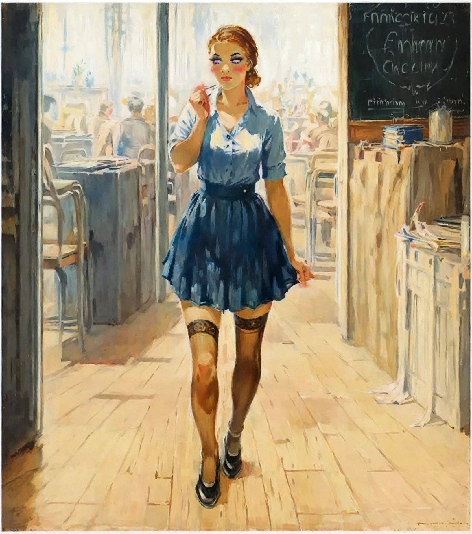 <lora:yuriy-pimenov_pony_v1:1>   ' solo ' by yuriy pimenov in 1937, genre painting \(genre\), socialist Realism \(style\)  , Standing before the blackboard, the new teacher at school commands attention. Her attire, a crisp unbuttoned satin blouse paired with a pleated skirt, is accented by the subtle allure of (laced stockings), adding a touch of fragile femininity to her slender authoritative presence in the classroom. She is revealing her perky protuberant femininity, exposing long narrow calves, (narrow waist), and her gently protuberant skinny curves with fragile, yet authoritative and distinguished femininity., score_9, score_6_up, score_7_up, put on makeup,eyelashes,blush ,mascara,eyeshadow,sparkling eyes