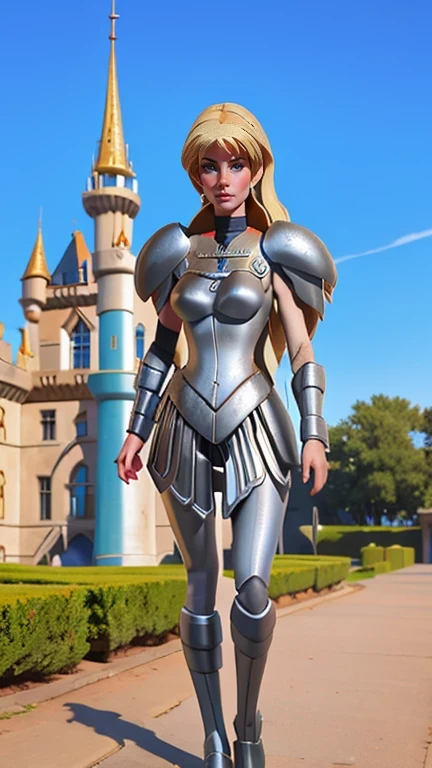 close-up, a woman as a Knight, action figure style, ((in front of a magnificent castle)), professional photograph, masterpiece, best quality, 8K, 16K, UHD, photorealistic, solo