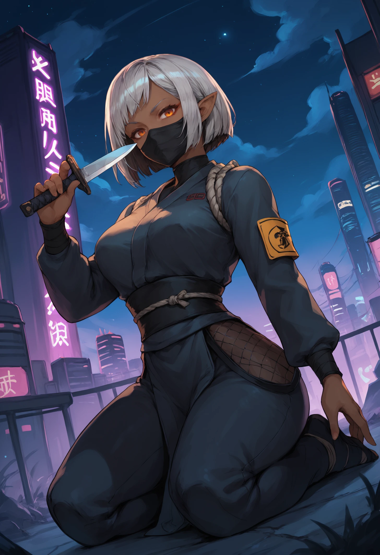 score_9, score_8_up, score_7_up, 1girl, dark-skinned female, pointy ears, bob cut, orange eyes, grey hair, black inner hair, large breasts,
ninja, ninja mask, mouth mask, black bandana, black dougi, long sleeves, black sash,
looking at viewer, kneeling, holding dagger, knife, weapon,
outdoors, neon lights, science fiction, futuristic, starry sky, clouds, skyscraper, dark environment, night, dutch angle,