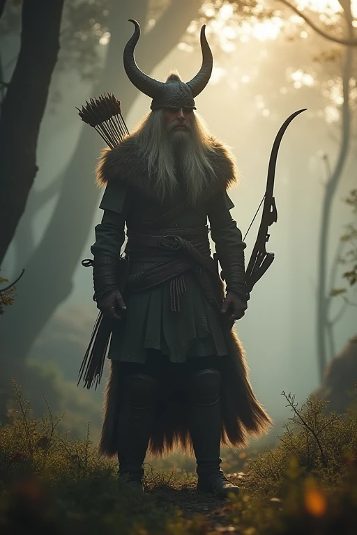 A misty morning in a mystical forest, the Runic Archer Atreus stands tall, bowstring taut, arrow poised. Soft, golden light filters through the ancient trees, casting long shadows. Atreus' eyes gleam with focus as he scans the terrain, his horned helmet and fur-lined cloak a testament to his Nordic heritage. The camera frames him from the waist up, emphasizing his regal bearing and air of quiet determination. facing camera