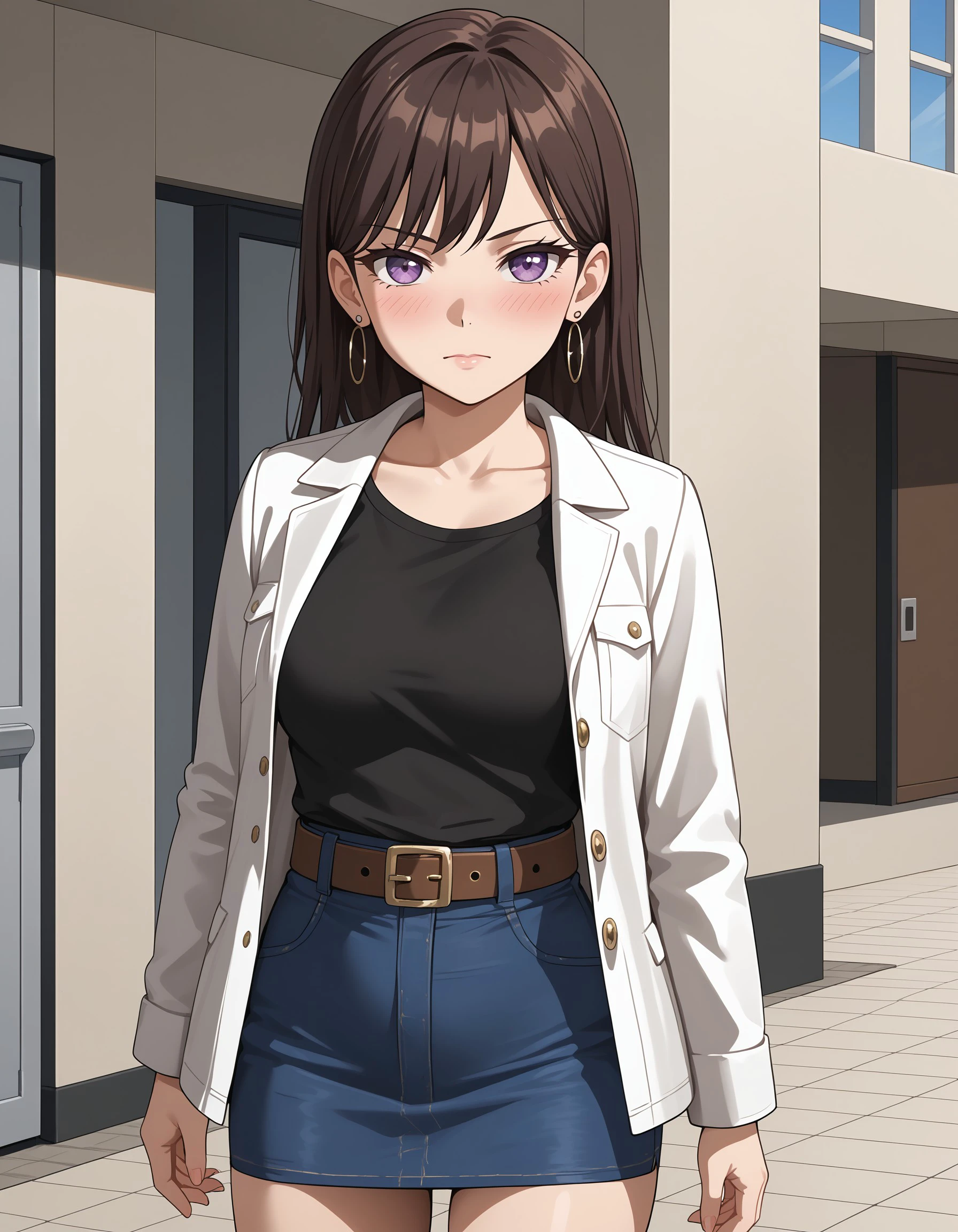 (masterpiece), best quality, expressive eyes, perfect face, takishiina, looking at viewer, purple eyes, black hair, brown hair, blush, skirt,  shirt, long sleeves, jewelry, closed mouth, standing, collarbone, jacket, cowboy shot, earrings, open clothes, belt, open jacket, blue skirt, black shirt, white jacket, denim, pencil skirt, pocket, brown belt, denim skirt, <lora:44489a80-8c72-4cfb-8842-af6ef3db9f5e:0.7>