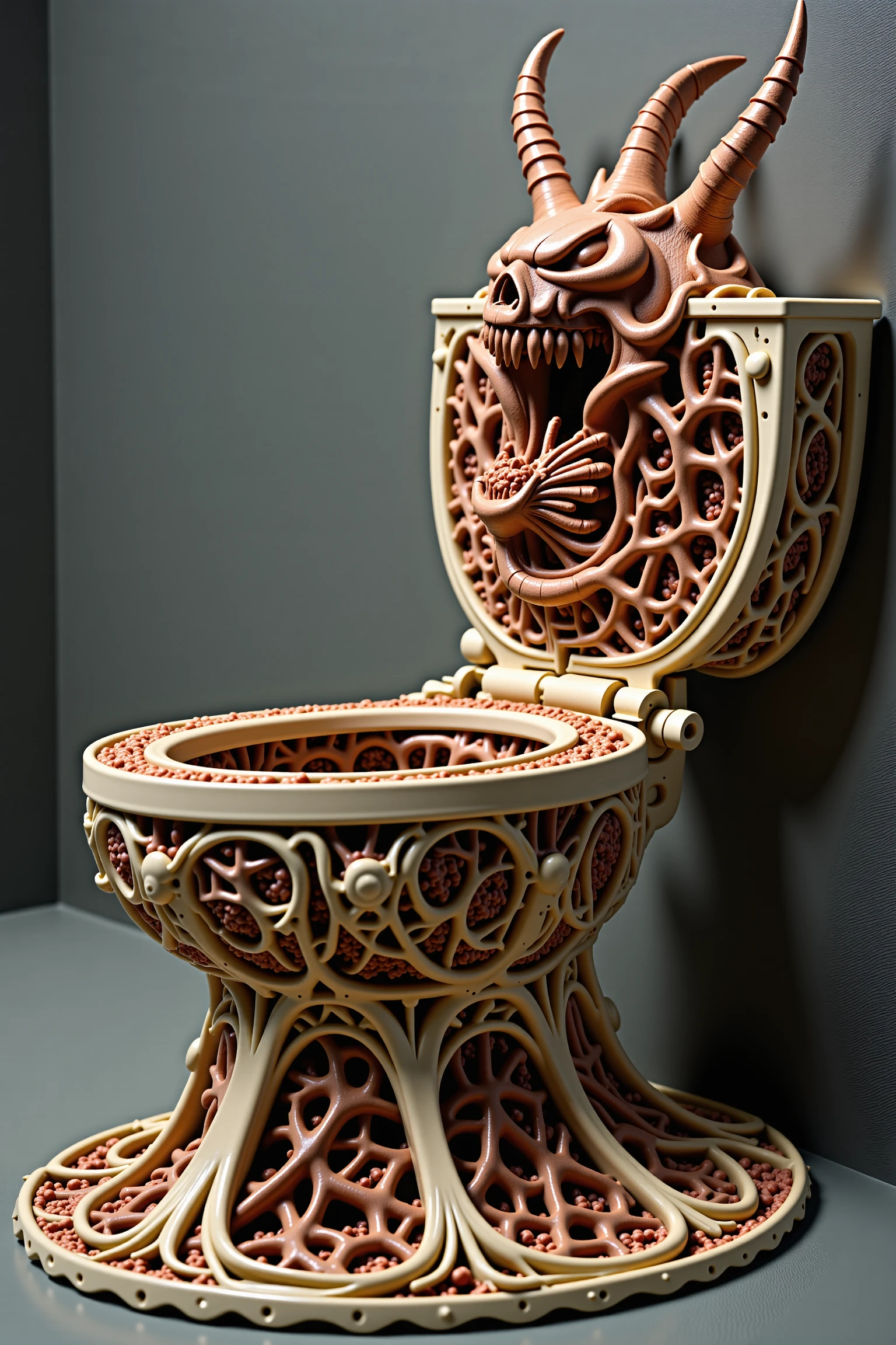 A demonic toilet made entirety out of flesh bones and viscera, forged in the piss pits of hell, this evil toilet is like the necrommodenomicon, the toilet of the book of the dead, peestruction, pisstroyer of worlds, the ultimate evil fleshwoven toilet terror