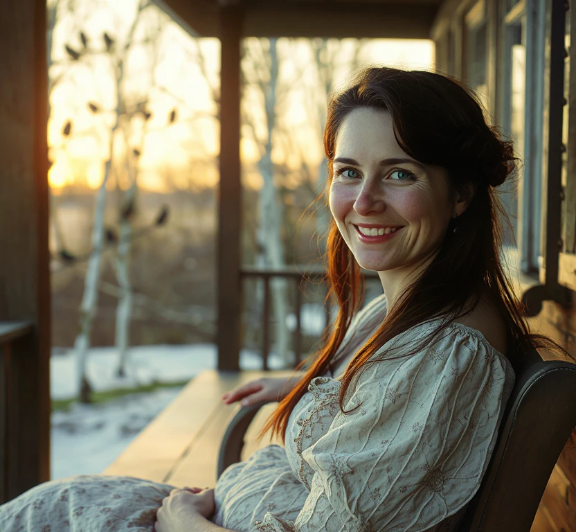 HST style photograph of a lady in Russia in 1890 in her late 30s, relaxing on a porch, she has dark hair with red tint and green eyes, , realistically textured lightly blemished skin, minor skin imperfections,  she is smiling, lifelike light and shadow, scenic nature view with many birds on branches in background, birch trees, golden hour, serene atmosphere, realistically textured skin, lifelike light and shadow, full height, ethereal, film grain