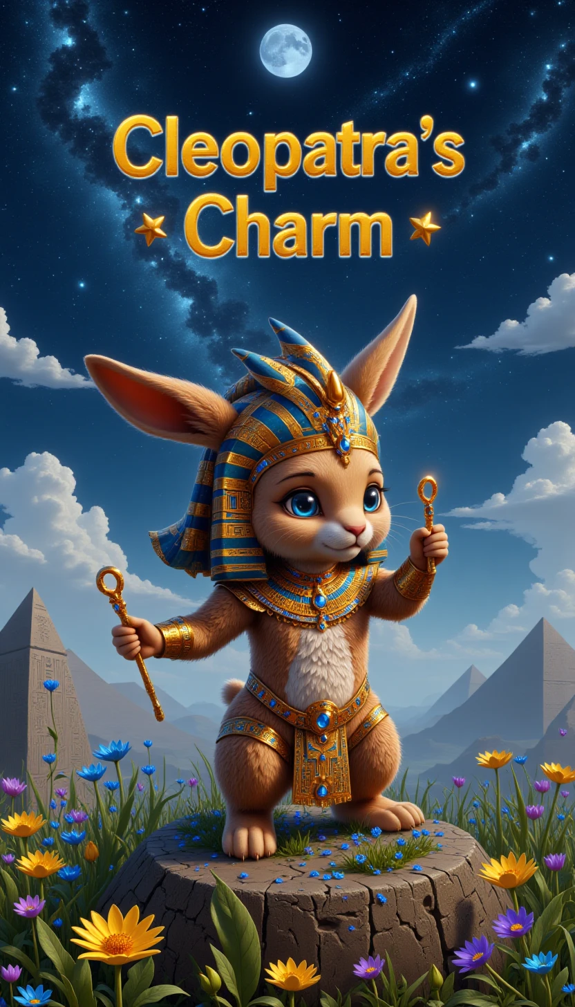 p1nk3gyptstyl3, egyptian,  text: ("Cleopatra's Charm":1.1),A cute rabbit wearing egyptyian clothes and holding a staff, standing on top of a mountain casting a spell, text: "Cleopatra's Charm" on the starry sky