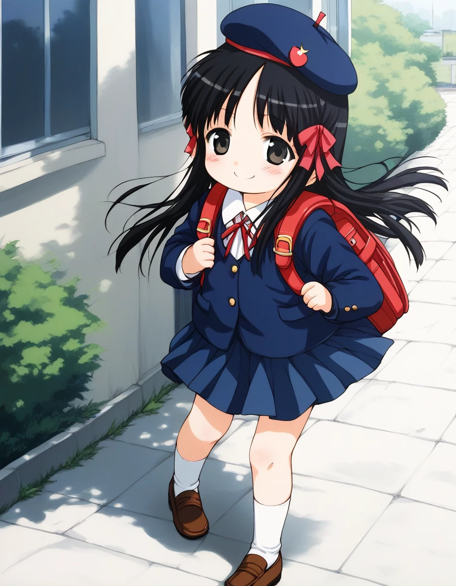score_9, score_8_up, score_7_up, source_anime, rating_explicit, BREAK <lora:Hoshino_Hina_XL:1> Hoshino_Hina, long hair, black hair, black eyes, hair ribbon, short stack,
bag, solo, randoseru, backpack, school uniform, skirt, smile, socks, blush, beret, brown shoes,
outdoor, day,