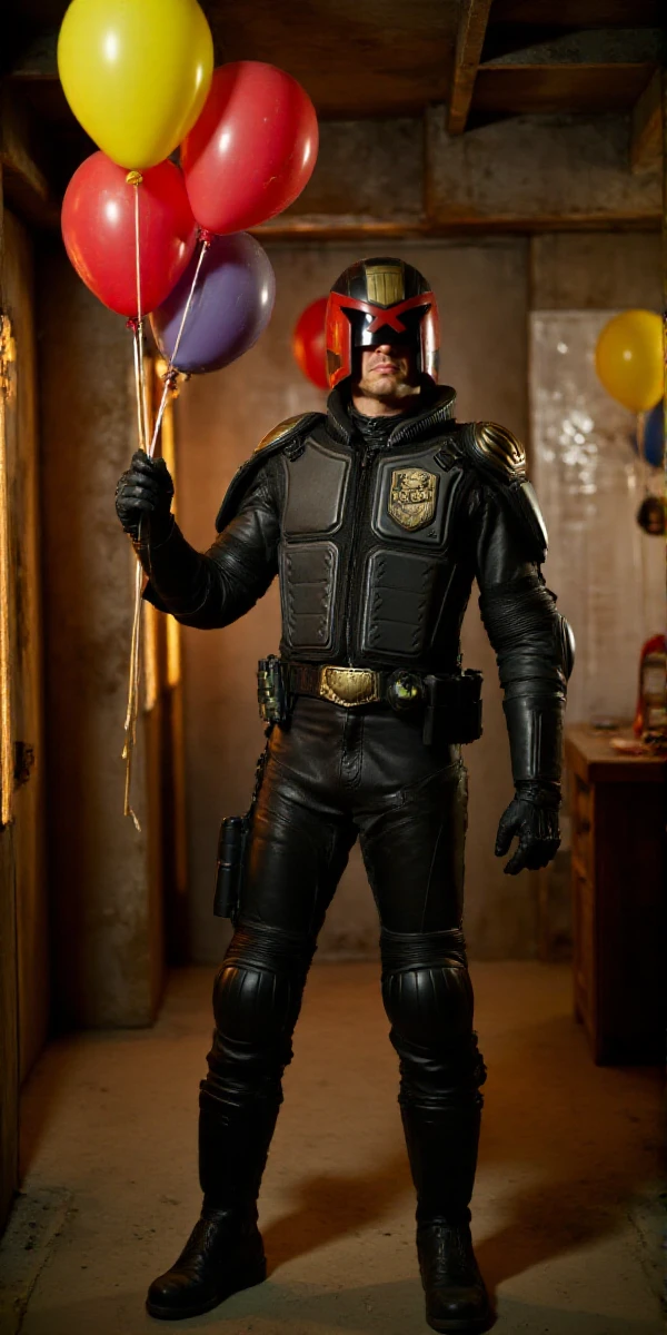 Dredd, a man wears a helmet and a uniform and knee pad and black pants and army boots. Big smile. he holds balloons in a birthday party <lora:Dredd:0.9>