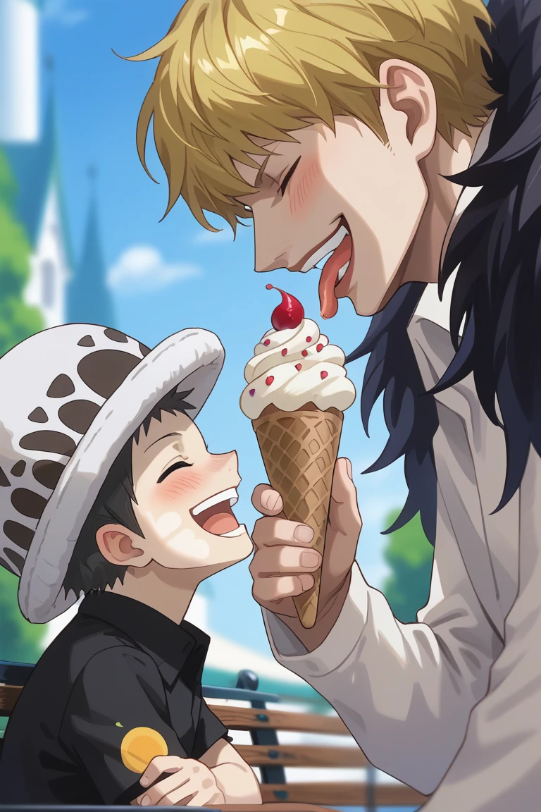 score_9, score_8_up, score_7_up, source_anime, rating_safe, bloom, father and son focus, holding ice cream, CorazonOP, blonde_Corazon_male hair, blue-red_Corazon_makeup, closed eyes, smile, looking at another, blush lines, 1boy, trafalgar law, grey-white_Law_patterned hat, black_Law_hair, closed eyes, open mouth, eye contact, eating, tongue out, 1male-child, intricately detailed illustration, blurry park background, bench, from side