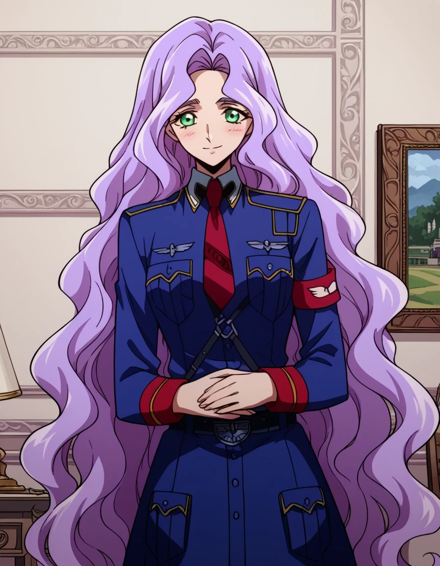 score_9, score_8_up, score_7_up, source_anime, <lora:anna-clement-movie-ponyxl-lora-nochekaiser:1>, anna clement, long hair, very long hair, green eyes, purple hair, forehead, wavy hair, medium breasts,, necktie, uniform, military uniform, red necktie, armband, museum, art exhibit, paintings, observing, quiet contemplation, cultural experience, smile, looking at viewer, hands on stomach, blush,, solo,, cowboy shot, dutch angle