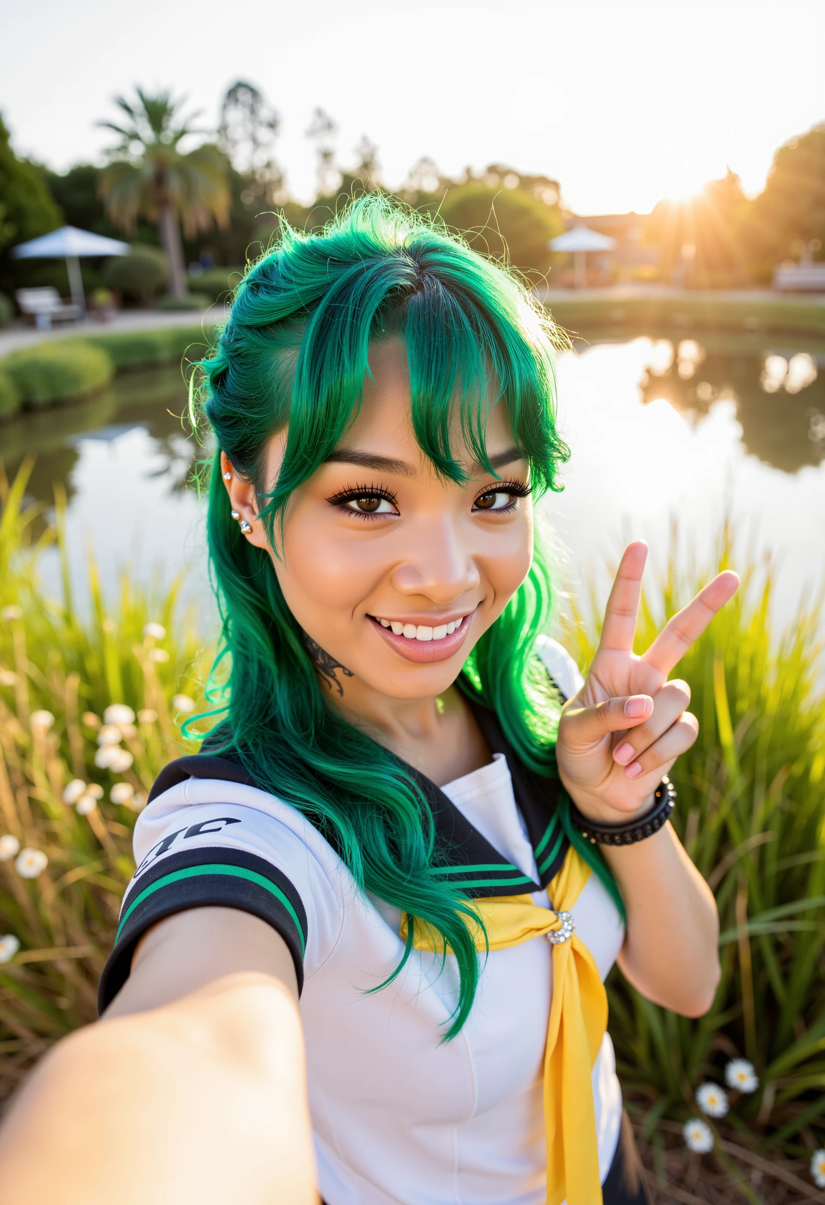 A selfie of hngld in a quiet park during the golden hour. Her long straight hair with blunt bangs is dyed emerald green, glowing softly in the warm, late afternoon light. She wears a Japanese school uniform with accents that match the vibrant color of her hair. Behind her, a serene pond reflects the sky, surrounded by tall grass and scattered wildflowers swaying gently in the breeze. She looks at the camera with a playful smile, making a peace sign with her free hand while her other arm extends towards the viewer and out of the frame.