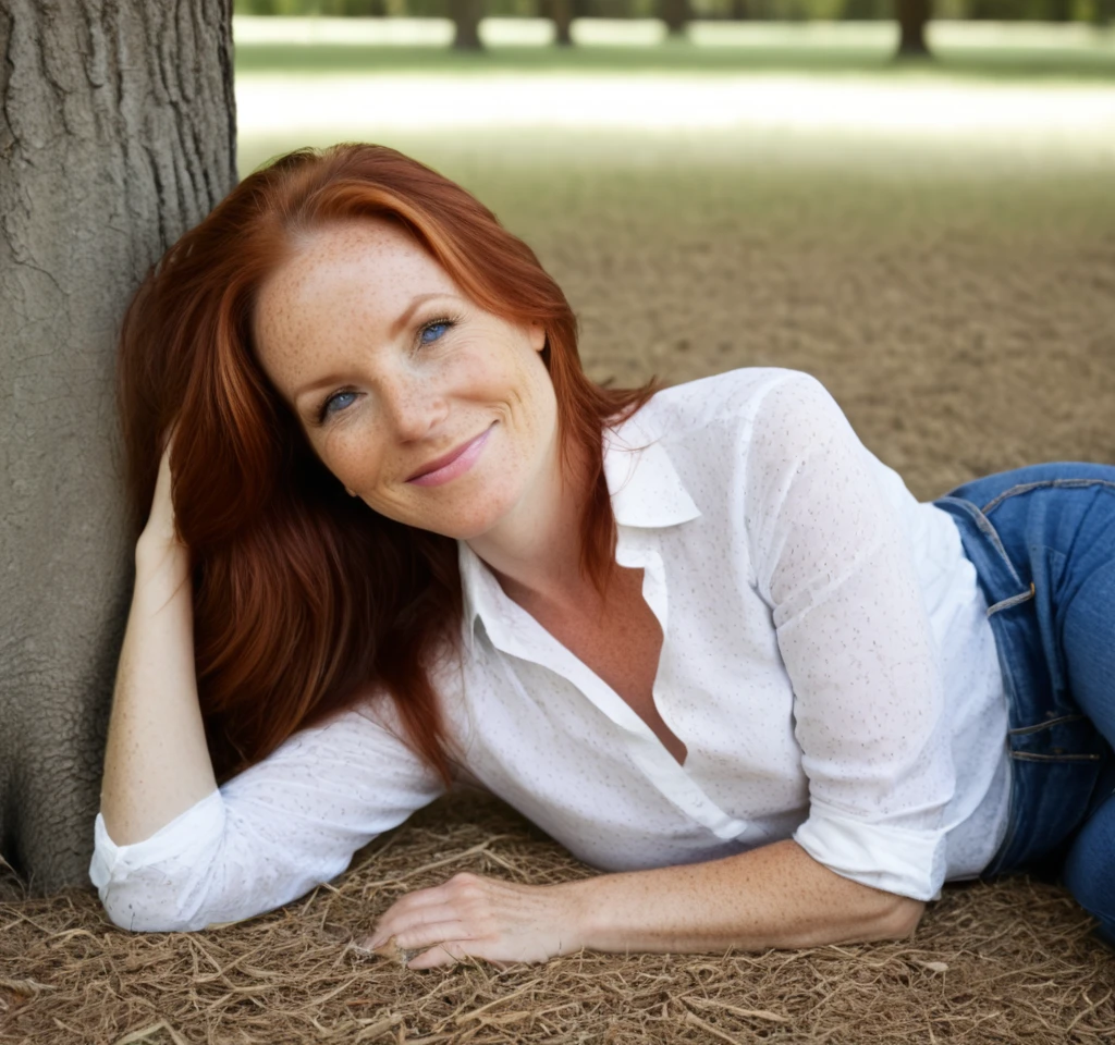 score_9, score_8_up, score_7_up, score_9, score_8, score_7 etc. source_realism, (masterpiece):1.4), ( best quality:1.1), portrait Gina, mature redhead, freckles, wearing blue jeans and a white shirt, laying under an oak tree, cute smile, fine details, very detailed, 4K, 8K