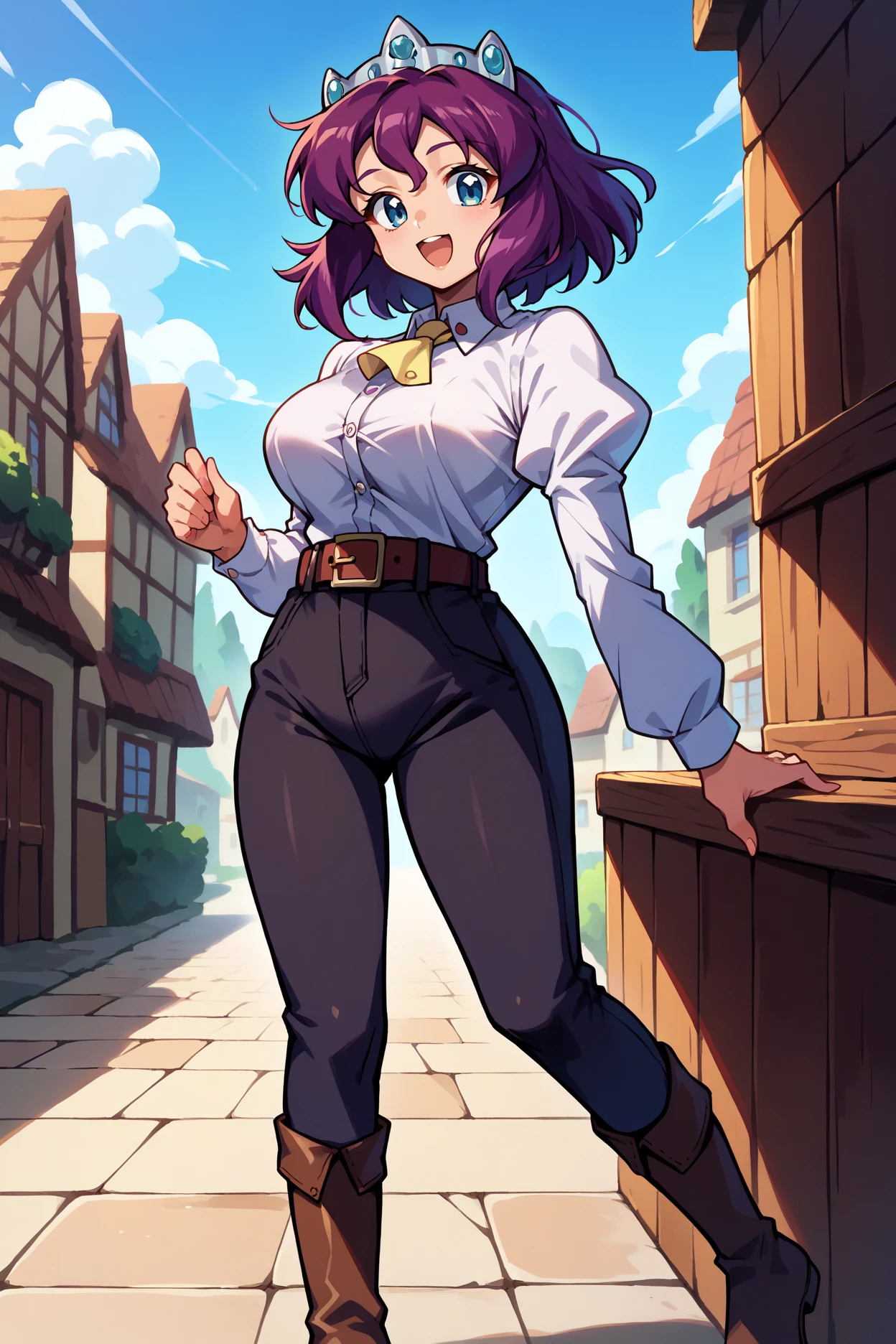 score_9, score_8_up, score_7_up, score_6_up, source_anime, 1girl, solo,  <lora:henrietta-pdxl-nvwls-v1-000005:1> hrta, purple hair, short hair, blue eyes, crown, large breasts, white shirt, collared shirt, long sleeves, puffy sleeves, ascot, black pants, belt, looking at you, happy, blue sky, village, brown boots, full body