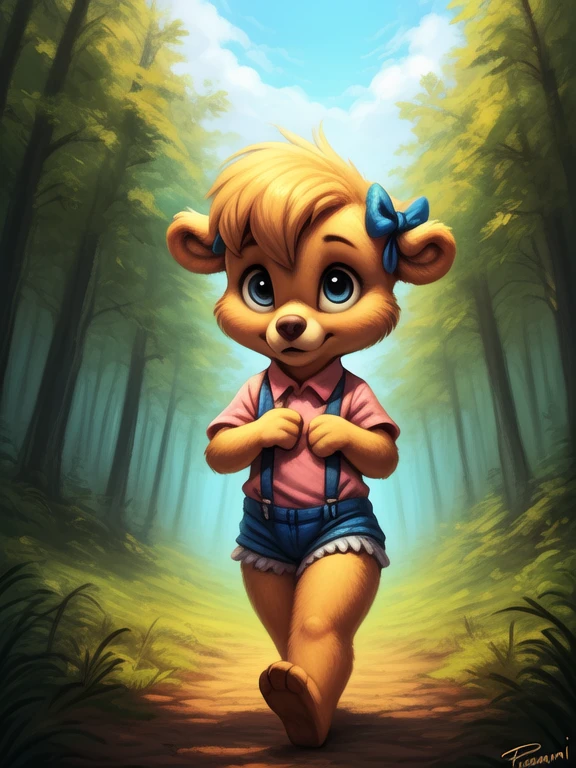 <lora:MollyCunninghambearDom:1> MollyCunninghambearDom, yellow wool, blue ribbons, white panties, shirt, shorts with suspenders, chibi,  small body,
Looks at the viewer, [ solo focus, nature, forest, day, clouds, waterfall,]  (( walking, ))
(beautiful, aesthetic, perfect, delicate, intricate, saturated colors), masterpiece, digital drawing, best quality,
by taran fiddler, by cynicalstarr, by personalami,