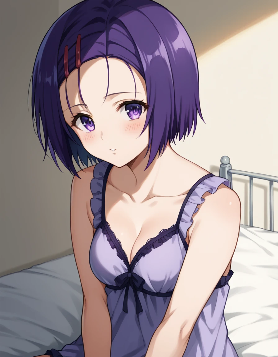 score_9, score_8_up, score_7_up, source_anime, <lora:haruna-sairenji-darkness-ponyxl-lora-nochekaiser:1>, haruna sairenji, hair ornament, hairclip, purple eyes, purple hair, short hair, swept bangs, forehead, medium breasts, <lora:negligee-ponyxl-lora-nochekaiser:1>, negligee, sleeveless, underwear,, bed, bed room, on bed, wariza, sitting, blush, from side, parted lips, collarbone,, cowboy shot, dutch angle, looking at viewer,