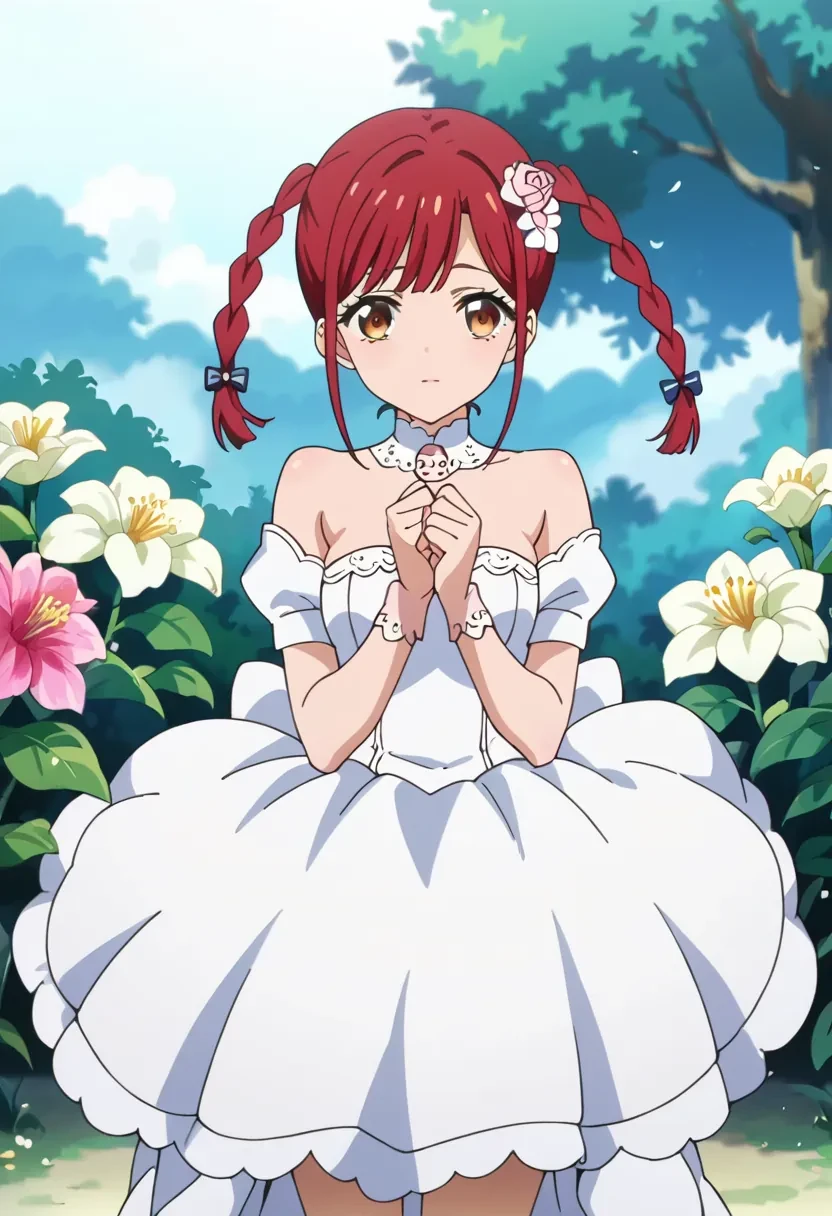 score_9, score_8_up, score_7_up, score_6_up,
source_anime, masterpiece, anime screencap,

Tokonome Mamori, source_anime, 1girl, solo, bangs, hair ornament, brown eyes, braid, red hair, twin braids

bride, white dress, flowers