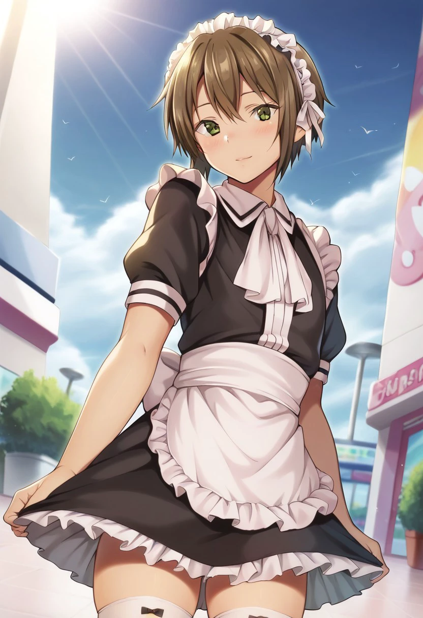 solo, 1boy, male, otoko_no_ko-kun, BREAK maid, thighhighs, black dress, maid headdress, apron, frills, puffy short sleeves, BREAK outdoors, mall, colorful, looking at viewer, portrait, BREAK ((ultra-detailed)), ((best quality)), ((best quality)), ((beautiful eyes)), ((extremely detailed)), 4K, (8K), best quality, (beautiful), Master piece, highres, score_9, score_8_up, score_7_up, score_6_up, score_5_up, score_4_up, colorful, best quality, official art, highres, masterpiece, nai3, god light, detailed background, high quality background,