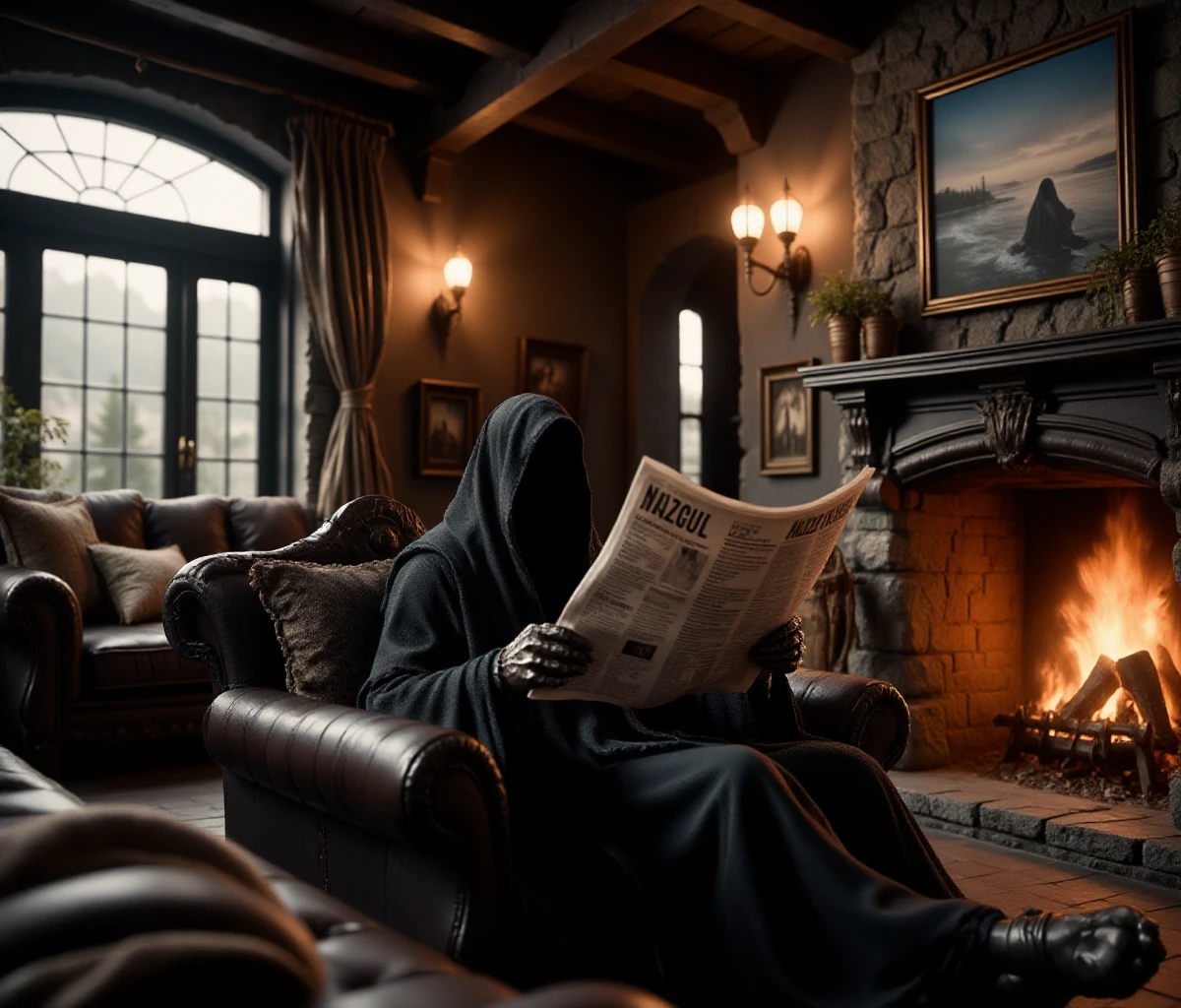 Nazgûl is reading a newspaper sitting in a cosy lovingroom with a fireplace. There is a framed picture of Nazgûl at the beach <lora:Nazgûl:0.9>