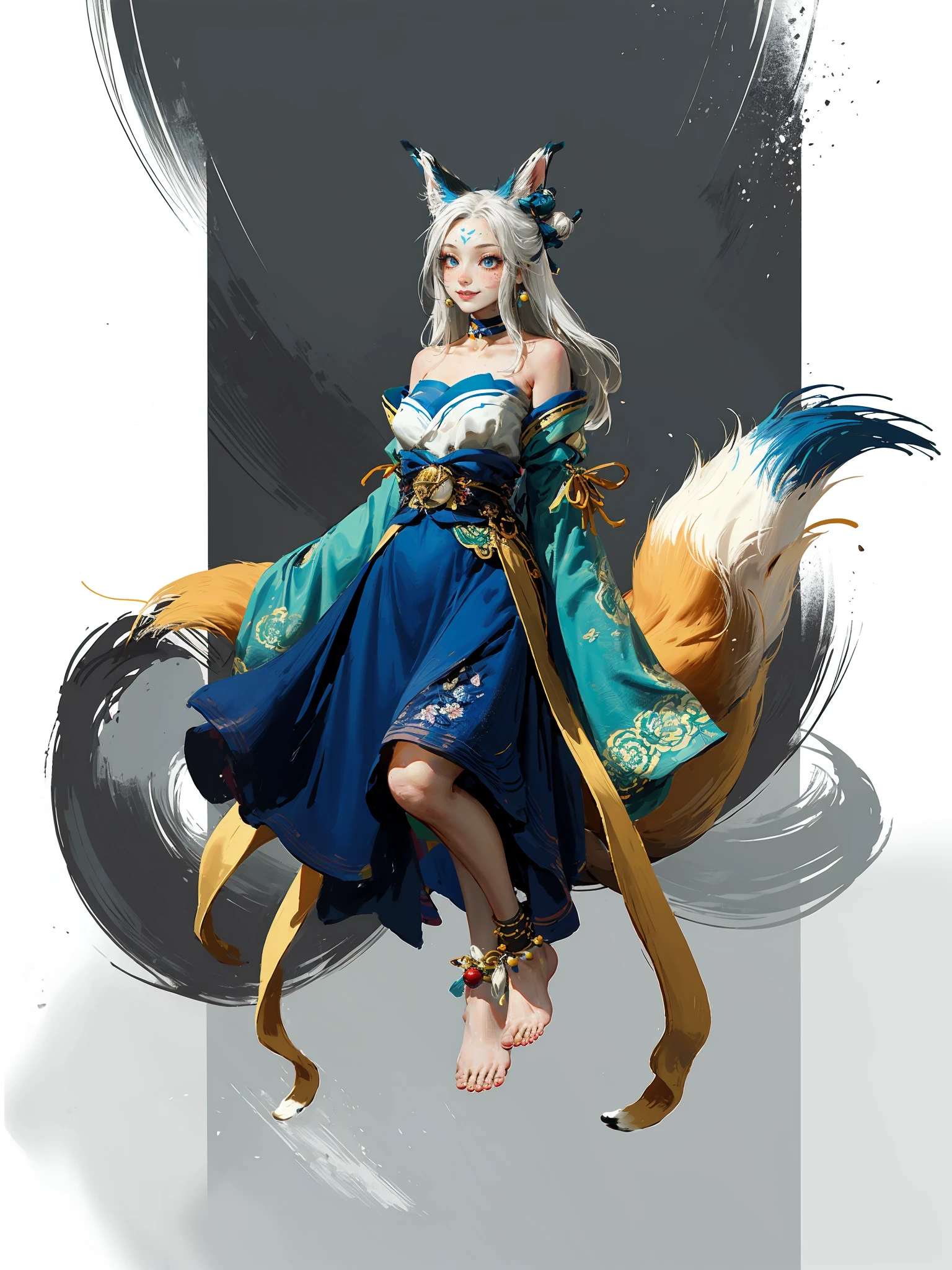costume,HEZI,Chinese style,character design,game style,1girl,solo,long hair,barefoot,anklet,bell,dress,butterfly,white hair,hair ornament,bare shoulders,bug,flower,full body,white background,animal ears,blue eyes,jewelry,blue dress,fox ears,looking at viewer,simple background,floating,facial mark,tail,smile,ahri \(league of legends\),bangs,detached sleeves,jingle bell,orb,bare legs,fox tail,makeup,breasts,wide sleeves,very long hair,choker,hair bell,closed mouth,hair bun,petals,ribbon,lotus,blue flower,whisker markings,blue butterfly,white dress,<lora:é»æç©ºäººç©è®¾è®¡-000011:0.7>,