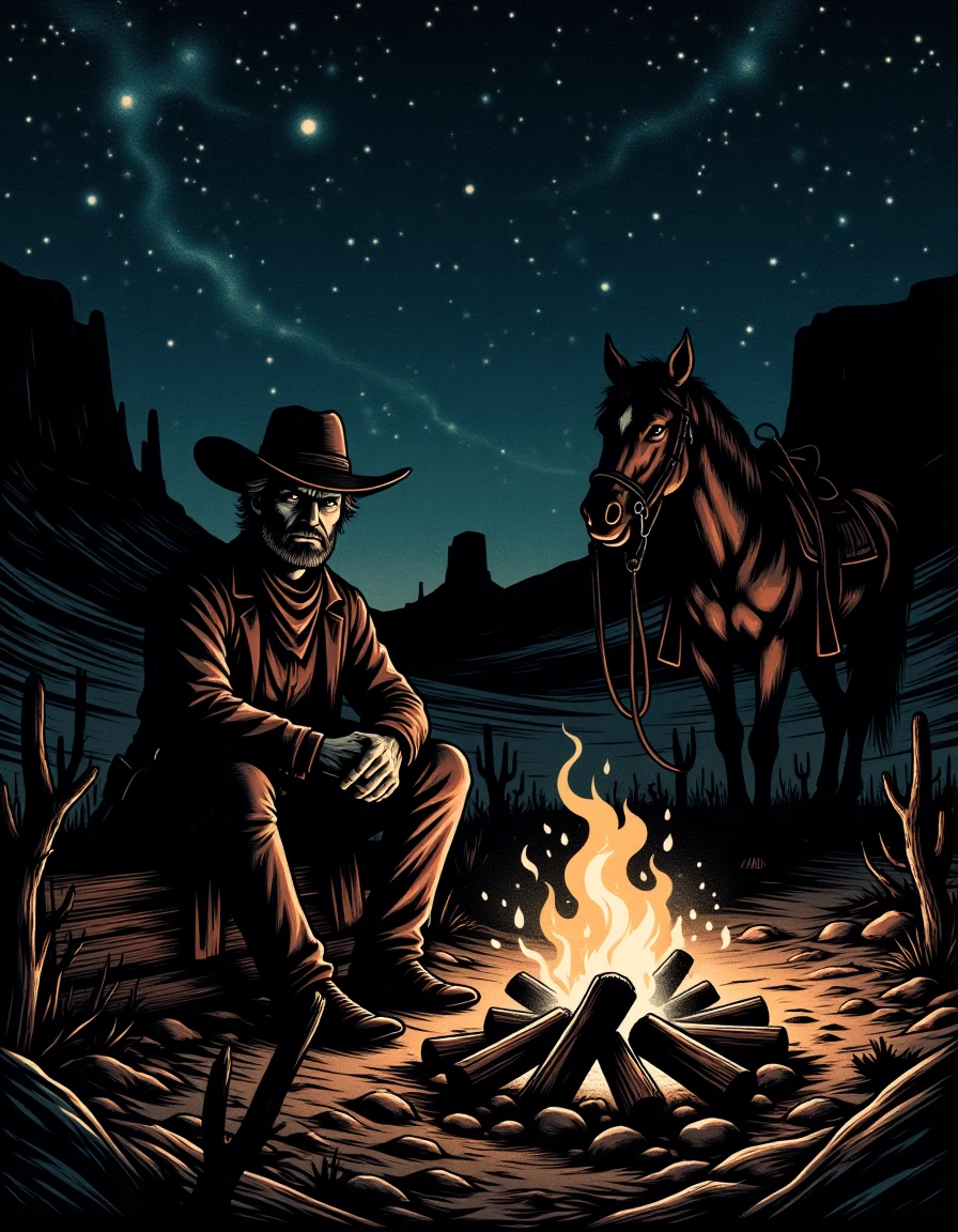 close up of a cowboy sits by a small campfire in the middle of the desert, with his horse tethered nearby. Above him, the night sky is filled with stars, and the fire casts a warm glow on his face
<lora:Western_Comic:0.7>