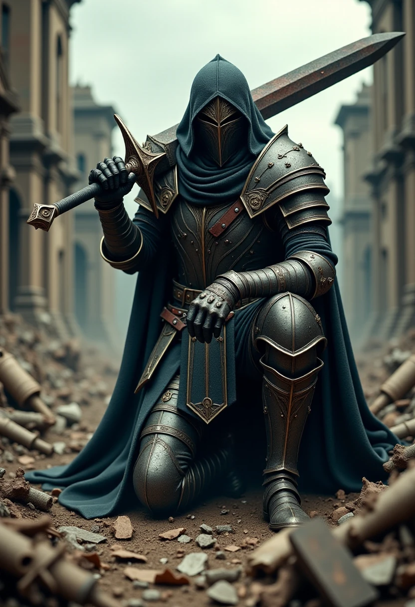 <lora:Dark_Knights_Flux-000001:1> a menacing and fearsome image of a male flux_dk, in worn medieval armor, holding a huge rusted sword over his shoulder, kneeling in the rubble of a ruined city