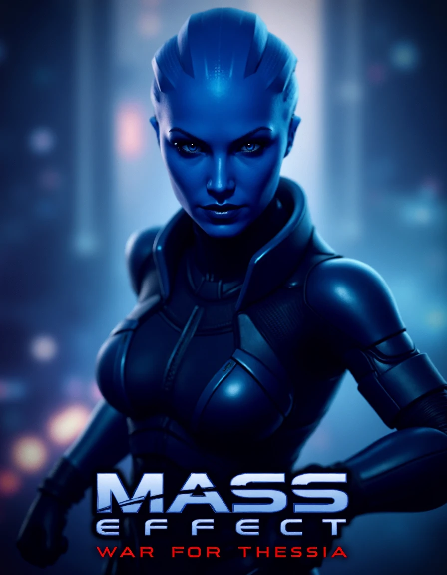 (movie poster:1.15) for "Mass Effect War for Thessia", a blue asari woman warrior ready to fight, fighting pose, no hair, movie title at the bottom, 
 <lora:asari-000012:1>