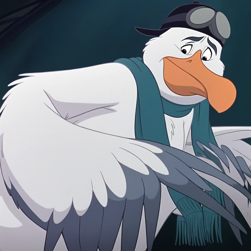 Wilbur, albatross, bird, white feathers, fluffy, feathered, feathered tail, wings, winged arms, wing hands, big feathered hands, grey wing tips, grey fingers, digitigrade, webbed feet, orange feet, thick thighs, chubby cheeks, chubby face, chubby, fat, big belly, orange beak, small eyes, hat, hat goggles, black hat, goggles, teal scarf, scarf, long scarf, solo