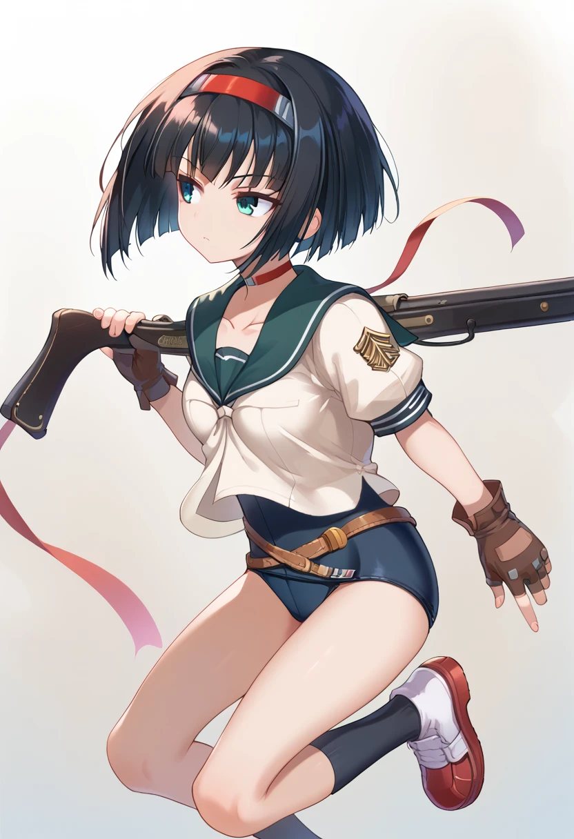 score_9, score_8_up, score_7_up, source anime, yuzuhara yuzumi, 1girl, solo, black hair, brown fingerless gloves, short hair, belt, short sleeves, school uniform, holding gun, blue eyes, sailor collar, red hairband, red choker, socks, shirt, kneehighs, white shirt, medium breasts, collarbone, buruma, rifle, red ribbon, from side, <lora:yuzuhara_yuzumi-xl-pony-v2:1>,