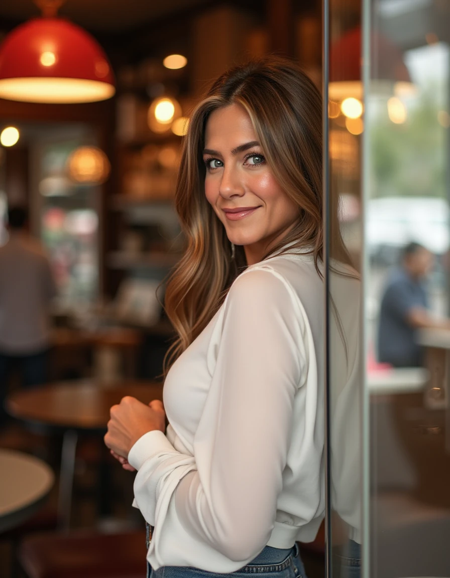 <lora:Jennifer_Aniston_Flux:1> beautiful detailed photograph,  wearing a blouse standing  in a cafe looking at the viewer, smiling