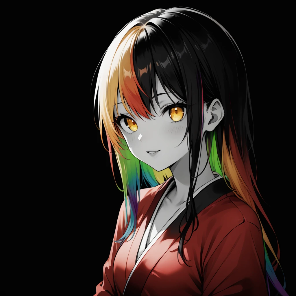 embedding :zPDXL3 (zPDXL3), score_9, score_8_up, score_7_up, black background, grayscale, monochrome, rainbow hair, yellow eyes, red kimono, selective_coloring,