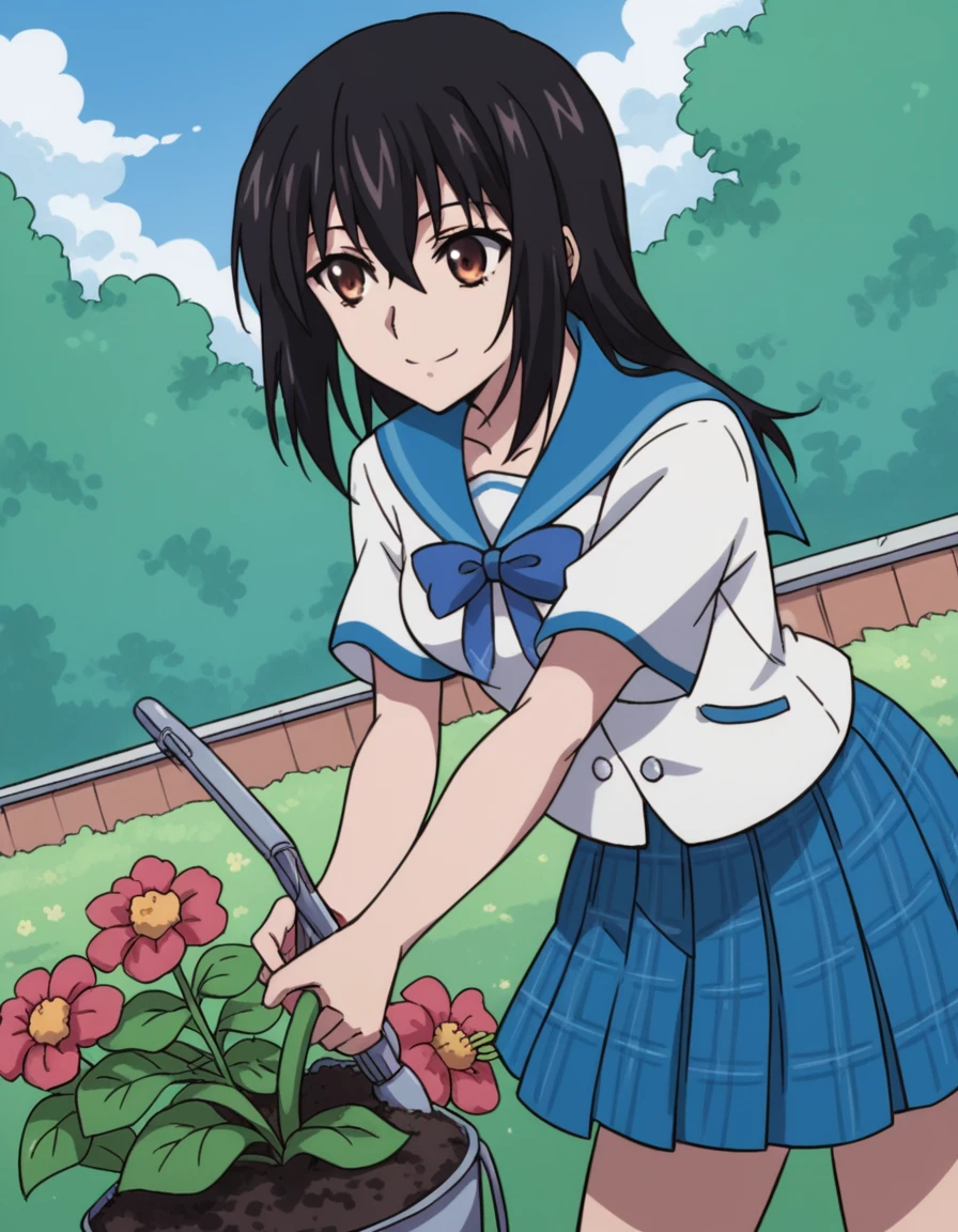 score_9, score_8_up, score_7_up, source_anime, <lora:yukina-himeragi-s1-ponyxl-lora-nochekaiser:1>, yukina himeragi, long hair, black hair, brown eyes, medium breasts,, skirt, bow, school uniform, pleated skirt, serafuku, sailor collar, blue skirt, plaid, blue bow,, gardening, watering plants, backyard, flowers blooming, sunny day,, smile, , leaning forward, smile,, solo,, cowboy shot, dutch angle